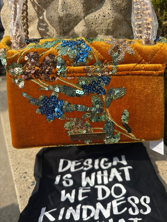 Kurt Geiger Mustard Gold Quilted Velvet Crossbody with Blue Sequin Floral - Picture 4 of 9